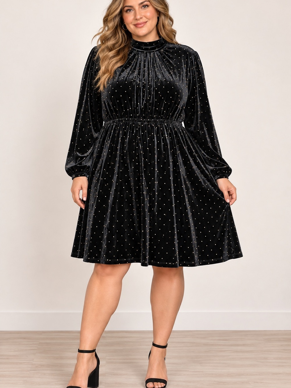 Lane Bryant 22/24 Black Velvet Gold Dot Long Sleeve A-Line Dress